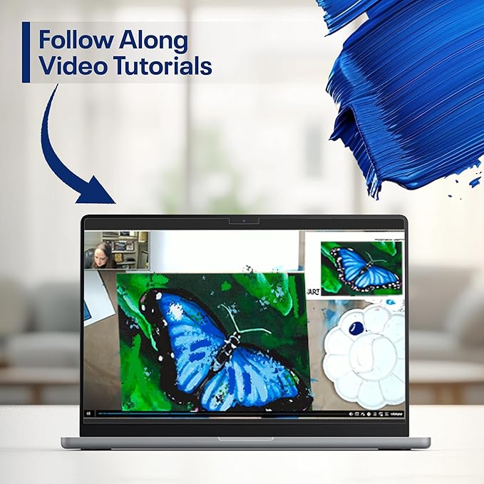DIY Painting Class Kit for Adults with Video Tutorials: Learn to Paint Blue Butterfly – How to Paint with Acrylics – Ideal Mothers Day Gift – 9 Piece Acrylic Paint Set