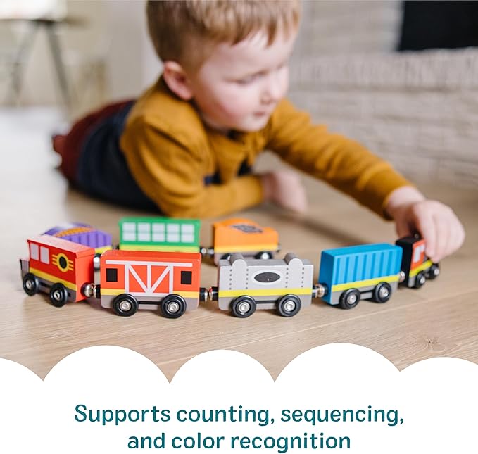 Melissa & Doug Wooden Train Cars, 8-Piece Magnetic Train Set with Toy Storage Tray, Steam Engine, Caboose, Coal & Passenger Cars, Montessori-Inspired Pretend Play Toys for Kids Ages 3+