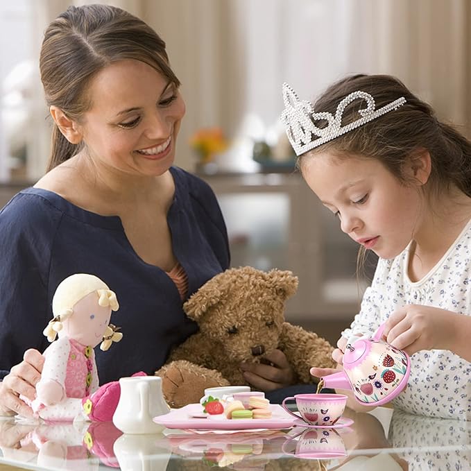 Pink Tea Set for Little Girls,Flower Design Tea Party Set,Princess Tea Time Toys Teapot Dishes Kitchen Pretend Play Tin Tea Party Set for Girls