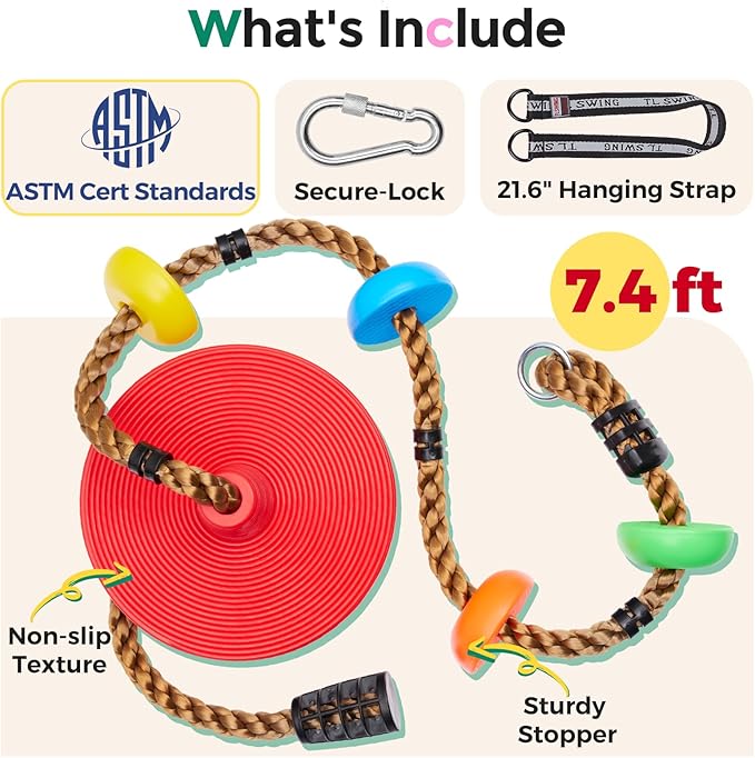 DECORLIFE Tree Swing for Kids 330LB Capacity, Adjustable Climbing Rope with Platforms and Disc Swing Seat Set for Outdoor Backyard Playground Accessories, Including Carabiners and Strap, Red