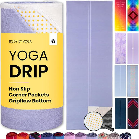 Yoga Drip Hot Yoga Towel – Non Slip Yoga Mat Towel with Corner Pockets, Silicone Grip Dots & Subtle Alignment Lines | Sweat Absorbent, Moisture Wicking, Quick Dry | No Bunching or Sliding | 72” x 26”