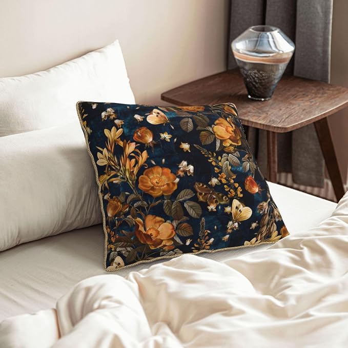 Vintage Floral Velvet Pillow Covers 18x18 Inch Blue Brown Leaf Flowers Throw Pillows for Couch Farmhouse Cushion Covers Pillowcase Butterfly Plant Leaves Pillow Cases for Sofa Bed Outdoor Decor