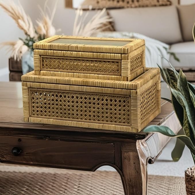 Rattan Display Box for Home Decor with Lid - Rectangular Coastal Bohemian Style Stackable Decorative Storage Box Set - Handmade from Natural Rattan, Cedar & Real Glass
