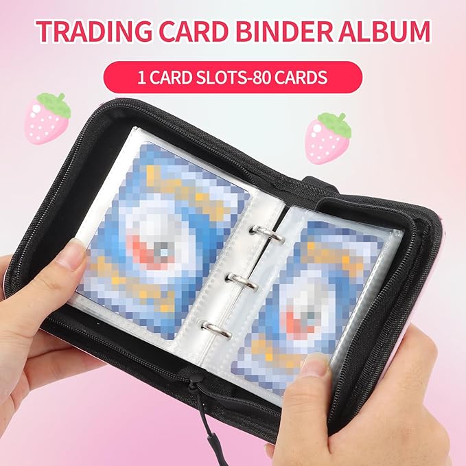Small 1 Pocket Card Binder for Cards,Mini Trading Card Binder Holder Fits 80 Cards with 40 Removable Sleeves,Card Collection Binder Album Book Case for TCG,MTG,Sports Games (Strawberry Peach)