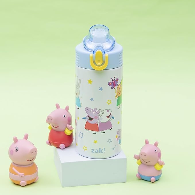 Zak Designs Peppa Pig Sage Kids Water Bottle For School or Travel, 14oz Stainless Steel Water Bottle With Straw, Handle, and Leak-Proof, Pop-Up Spout Cover (Peppa & Friends)