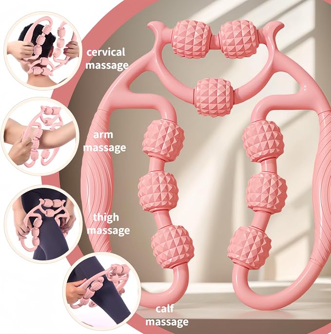 9-Wheel Muscle Massage Roller, Pink, PP+ABS Material, Adjustable for Cervical Arm Thigh Calf Massage, 10.24in x9.45in