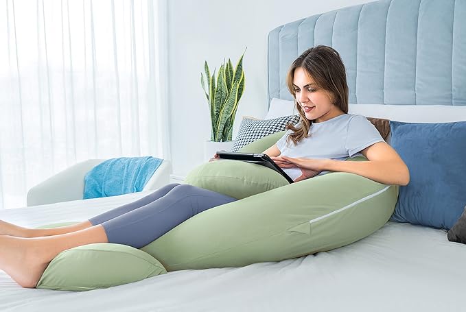 QUEEN ROSE Cooling Pregnancy Pillows - E Shaped Pregnancy Pillows for Sleeping, Detachable Body Pillow for Pregnant Side Sleeper, Cooling Silky Cotton Cover, Sage Green