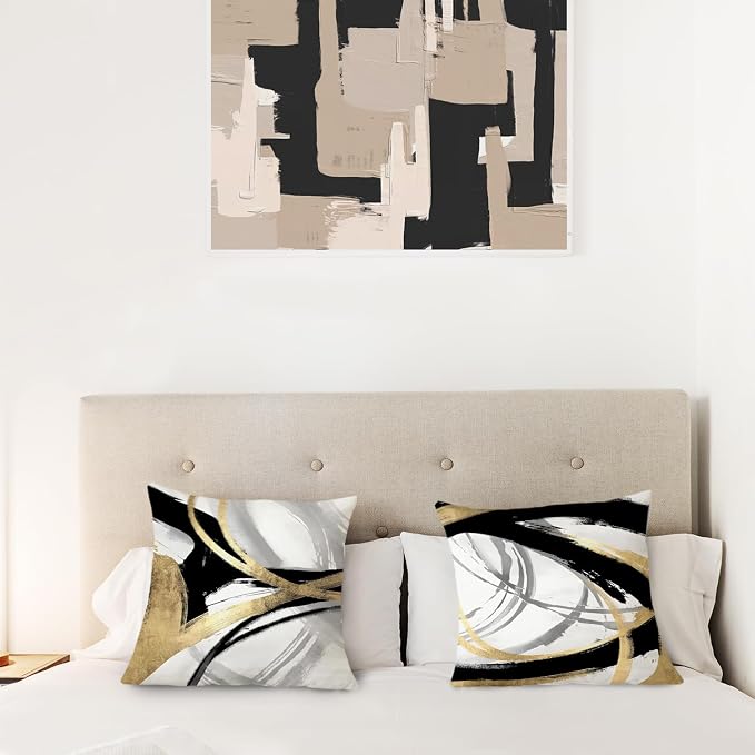 Black White and Gold Pillow Covers, Abstract Black and Gold Pillow Covers 18x18 Set of 2, Modern Boho Home Decor, Black and Gold Decorative Throw Pillows Cover for Couch Living Room Bedroom