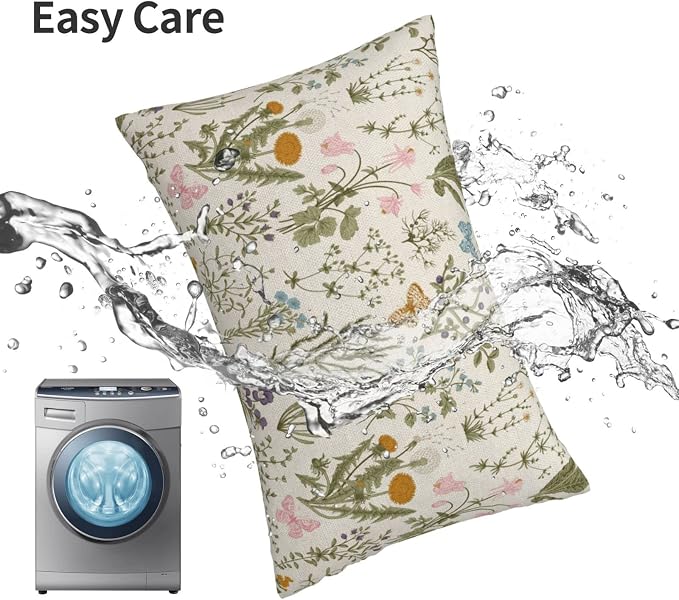 AEIOAE Spring Pillow Covers 12x20 Inch Set of 2,Sage Green Wild Flower Plant Throw Pillows Case,Seasonal Floral Outdoor Decorative Square Linen Farmhouse Decor Cushion Covers for Home Sofa Bed Couch