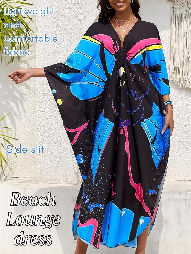 ChiaoLezhee Print Moo-Moos for Women, Kaftan Cover-Up Dresses, Sexy V-Neck High-Slit, Beach Pool-Party Coverups Muumuu Plus