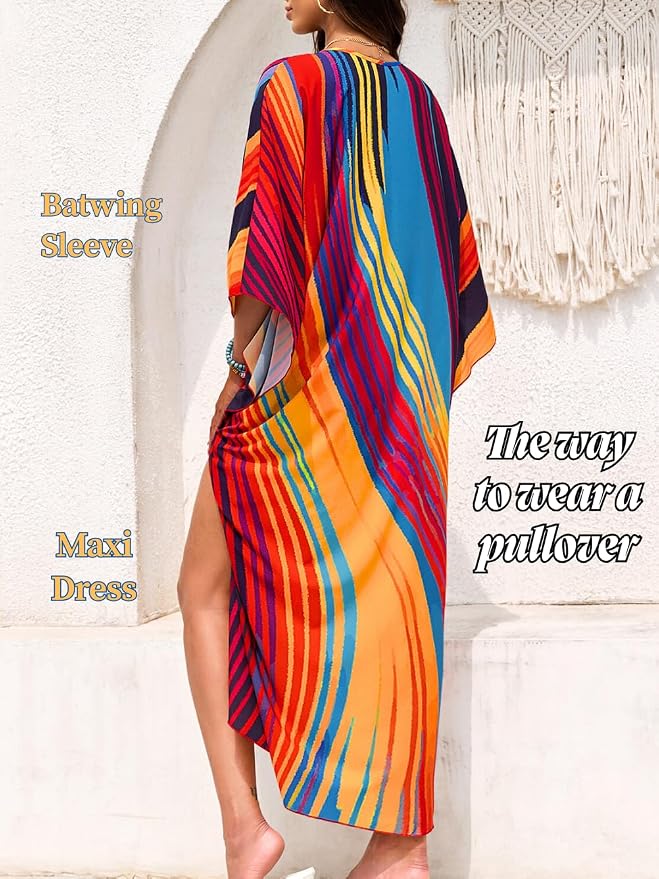 ChiaoLezhee Print Moo-Moos for Women, Kaftan Cover-Up Dresses, Sexy V-Neck High-Slit, Beach Pool-Party Coverups Muumuu Plus