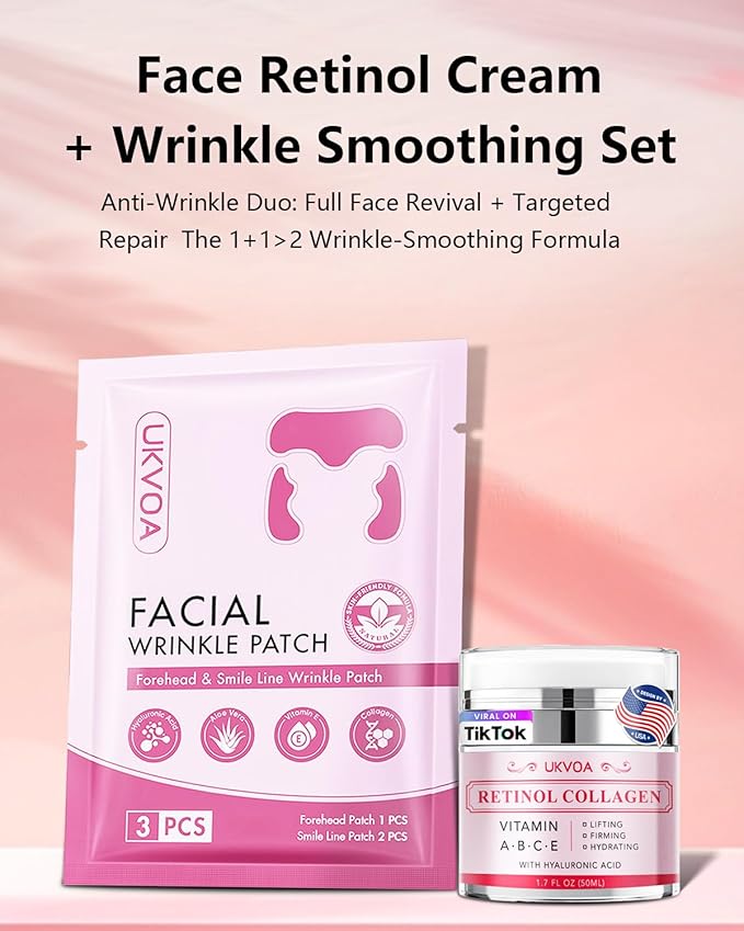 UKVOA Forehead Wrinkle Patches & Smile Line Patches, Overnight Facial Wrinkle Treatment with Hyaluronic Acid, Aloe, Collagen & Vitamin E to Lift Smile Lines for Women 36pcs with Face Retinol Cream