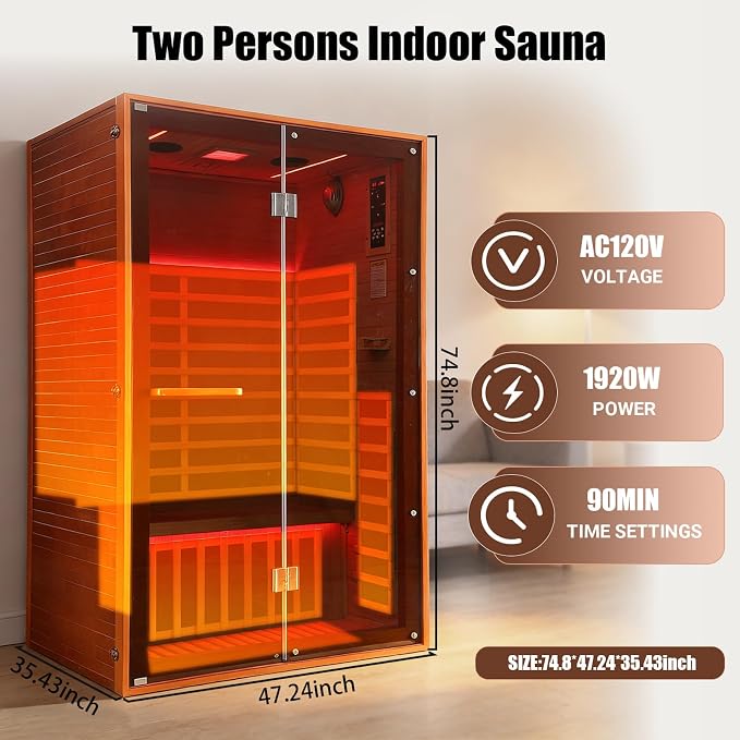 Infrared Sauna Home 2 Person Indoor Sauna Hemlock Wooden Dry Saunas 120V 1920W with Red Light, Oxygen Bar, Cup Holder, Bluetooth Speakers