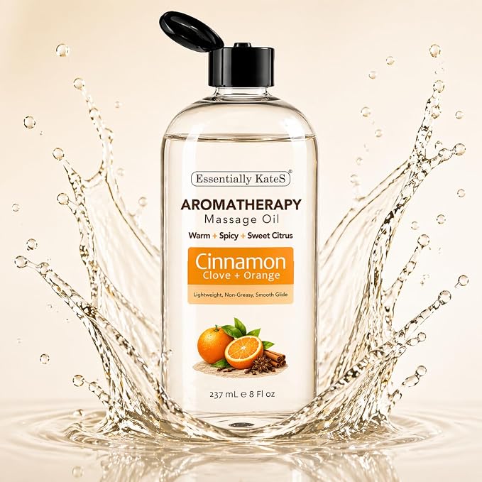 Aromatherapy Massage Oil – Cinnamon, Clove & Orange – Lightweight, Non-Greasy Body Oil with Fractionated Coconut Oil – Warming, Uplifting – 8 fl oz