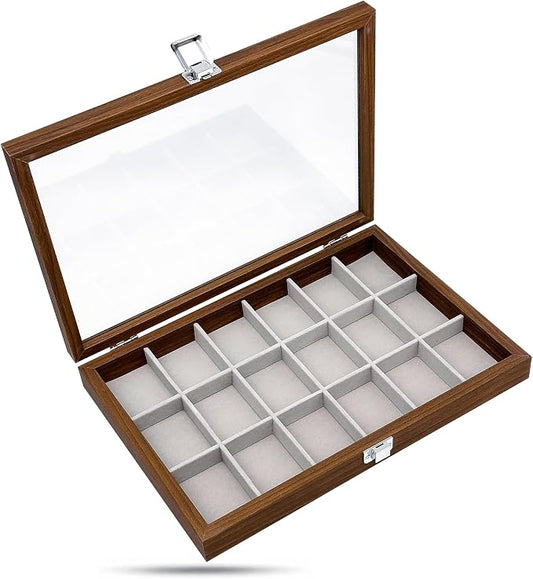Wooden Travel Jewelry Box w. Tempered Glass Display Lid - Earrings Storage - 18-Compartments Velvet Organizer (Dark Oak) by The Display Guys
