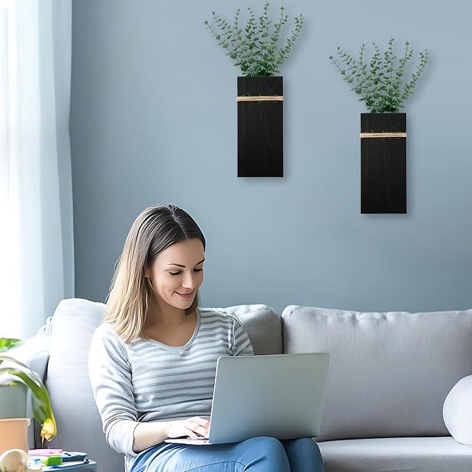 Wall Planters for Indoor Plants-2 Pack Wood Wall Vases for Dried Flowers & Artificial Plants Modern Farmhouse Wooden Vase for Living Room Bedroom Kitchen Decorations - Black Large