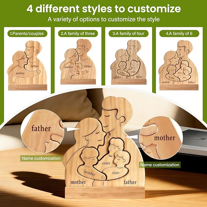 Personalized Wooden Family Puzzle with 2-5 Names - Custom Hugging Art Figurine for Rustic Home Decor - Unique for Mom Dad & Kids (Family of 3 to 5)