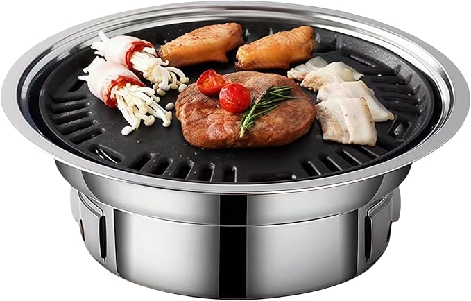13.7 inch BBQ Charcoal Grill, Stainless Steel Round Korean Barbecue Grill, Portable Indoor Charcoal Grill with Grill Pan & Grill Net, Smokeless, Non-stick, for Indoor Grilling Outdoor Cooking Party