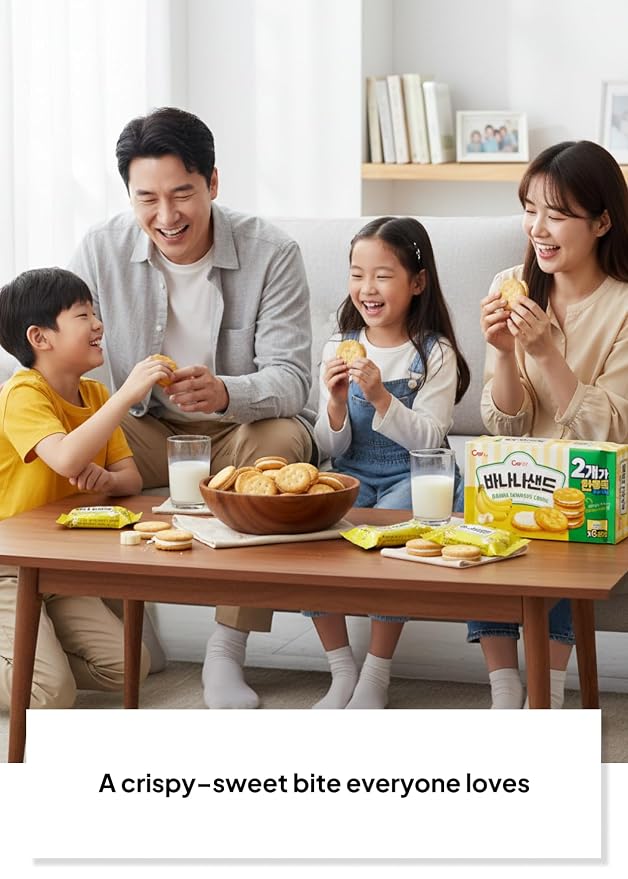 Korean Food CW Banana Sandwich Cookies, Sweet Banana Biscuits 12 Packs 360g | Crispy sandwich cookies filled with sweet banana cream. Family pack includes 12 individual snack packs, 360g total.