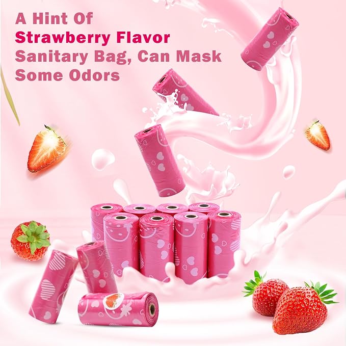 300P Sanitary Napkin Disposal Bags, Luxiv Disposable Sanitary Bags Rolls Personal Care Disposal Bag for Diapers, Tampons, Pad Period Bag Disposal Feminine Hygiene Products Bags with Scent (Pink)
