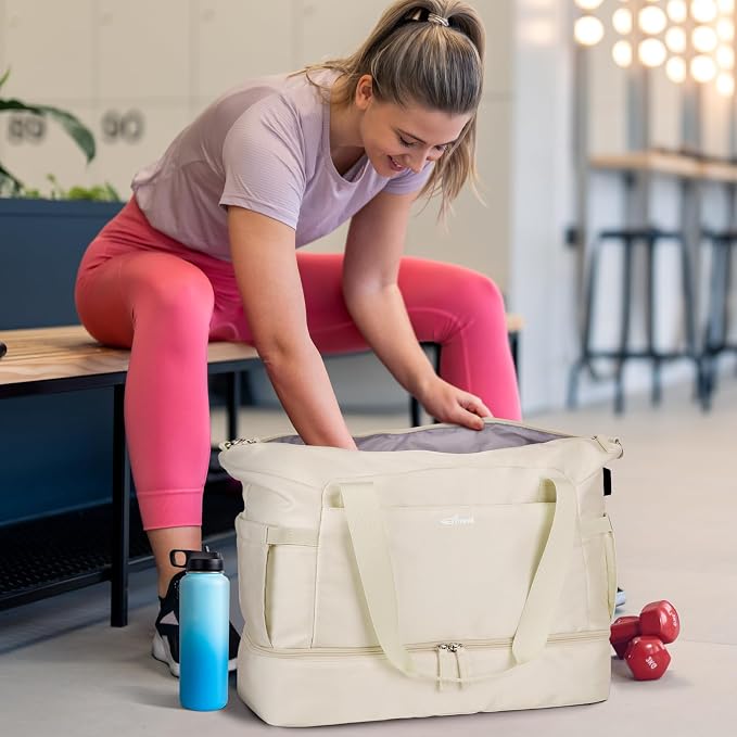 Gym Bag for Women, 45L Carry On Travel Duffel Bag with Shoes Compartment, Weekender Overnight Bag with Wet Pocket for Women, Travel, Gym, Weekend, Large Size