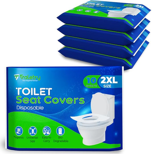 Toilet Seat Covers Disposable Flushable Travel Pack of 50, 2XL Biodegradable Paper Toilet Seat Covers for Adults & Kids, Public Restroom, Airplane & Camping Travel Essentials