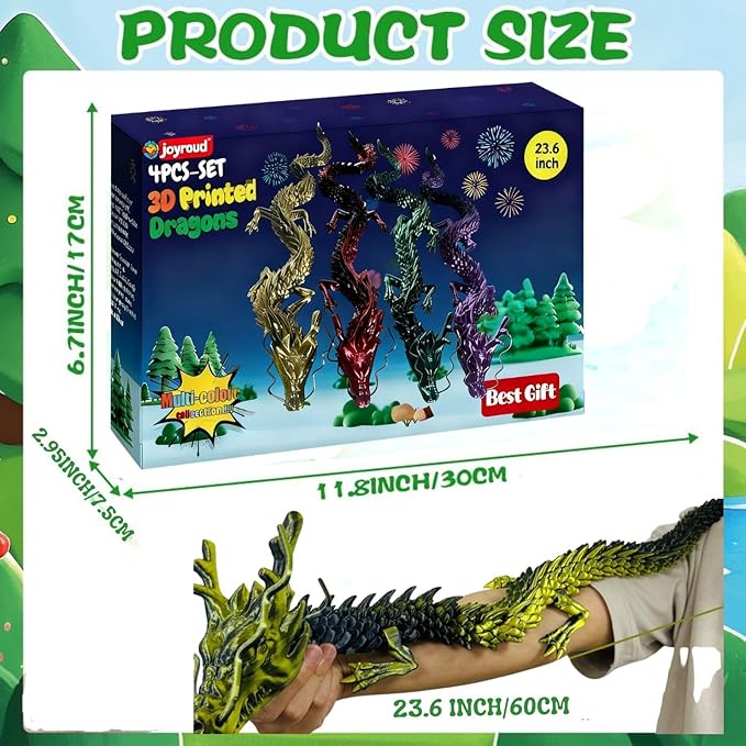 4-Pack Big 24 Inch 3D Printed Dragon Fidget Toy, Articulated Chinese Dragon Action Figure with Gift Box - Christmas Gift, Imaginative Play, Office Desk Decor & Collectible Figurine for Kids & Adults