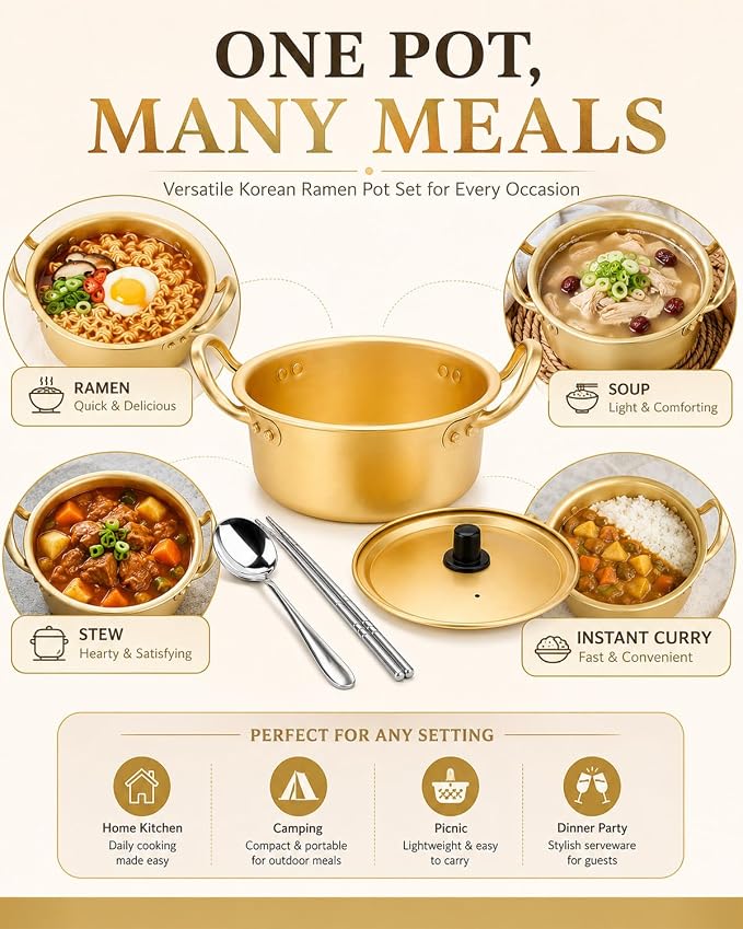 Korean Ramen Pot, Noodle Pot With Lid Spoon And Chopsticks (1pair), Korean Cookware Ramen Pots For Kitchen Cookware, 6.3 Inch (6.3"D x 6.3"W x 3"H)