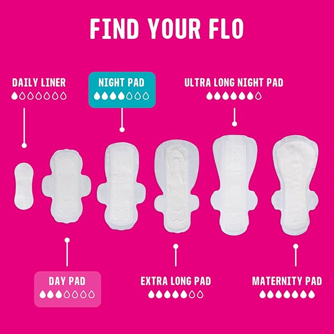 Flo - Day + Night Menstrual Pads (24 Day + 20 Night) - Organic Bamboo Period Pads for Women - Winged, Ultra-Thin - Absorbent, Soft & Breathable - Plant Based – Vegan, Cruelty Free