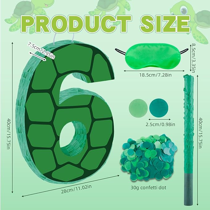 16 Inch Turtle Number 6 Pinata, Turtle Birthday Decorations, Turtle Theme Pinata with 16 Inch Stick Blindfold Confetti for Boy Girl Kids 6th Birthday Party Supplies(6th)