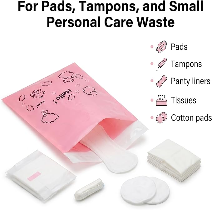 [110 Count] Bynibiny Pink Feminine Hygiene Disposal Bags for Pads & Tampons | PE Self-Sealing Sanitary Napkin Bags with Adhesive Strip, 29x17cm, Teddy Bear Print, Discreet for Bathroom, Travel, Office