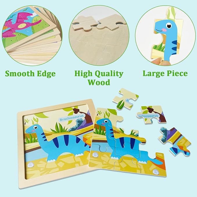 Wooden Puzzles for Toddlers, 9 Pieces Dinosaur Jigsaw Puzzles for Kids Ages 3-5 4-6, Preschool Learning Activities, Learning & Educational Toys, Gifts for Boys, Girls Ages (8 Pack)
