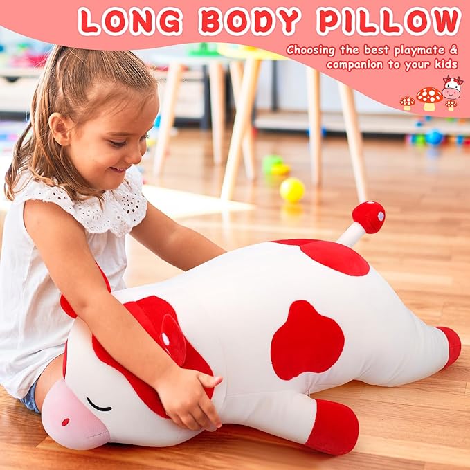 Auspicious beginning 30'' Giant Mushroom Cow Plush Stuffed Animal-Cute Mushroom Cow Plush Body Pillow Plushies, Large Sleeping Cow Stuffed Animal Big Plushie Toy, Birthday Gifts for Kids Girls Boys