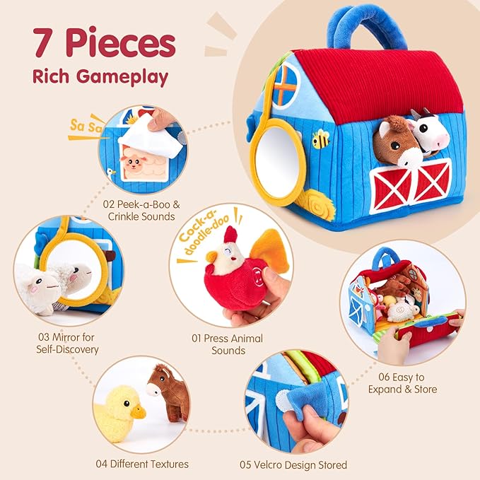 hahaland Baby Toys 6-12 Months - Surprise Barn with Stuffed Farm Animals with Real Sounds, Mirror- Montessori Toys for 6 Month Old Baby 1 Year Old Boy Girl Gifts Toddlers Sensory Toy