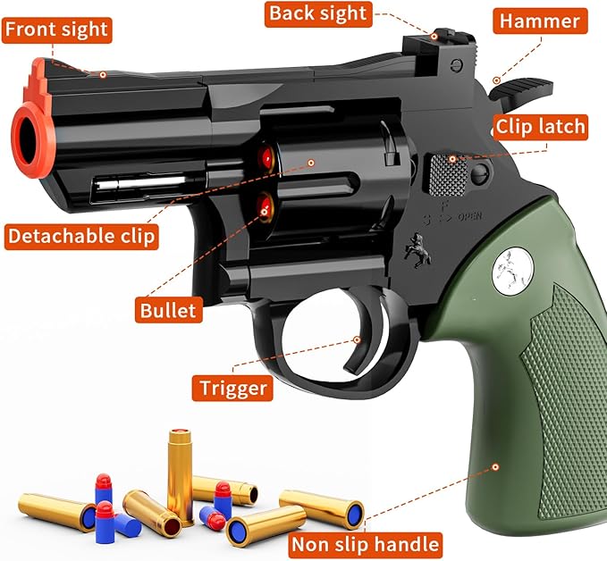 Toy Gun Soft Bullet Toy Revolver,Can fire Sponge Bullets,with 40 Bullets,for Age of 6 7 8 9 10+ Years Old Kid Boys Girls（Green）