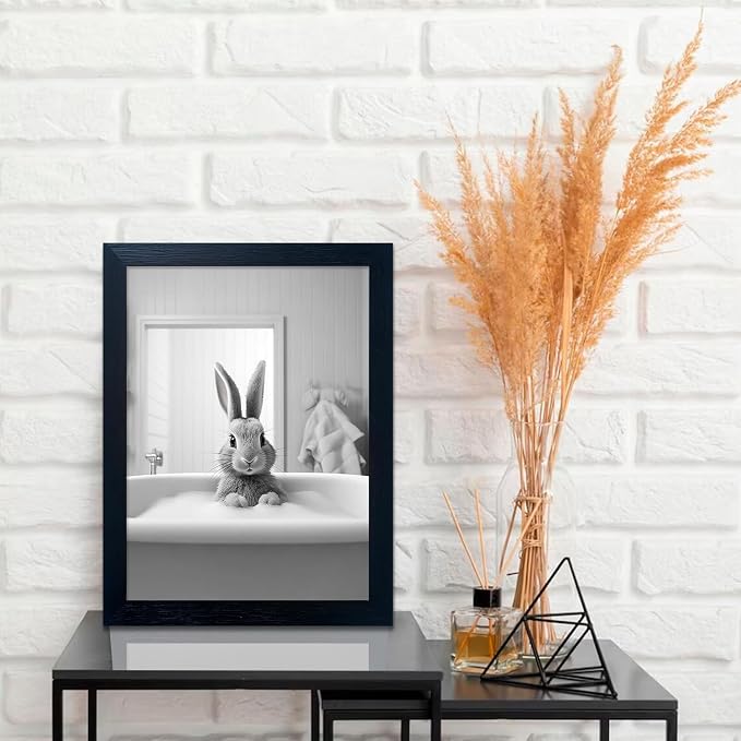 Kids Bathroom Wall Art Black and White Cute Animal Canvas Print Painting Funny Rabbit in Bathtub Bathroom Picture Wall Decor