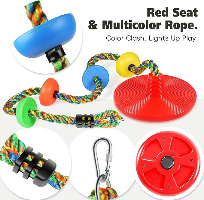 ZNCMRR Rope Swing for Tree Disc Swings Tree Swing for Kids Single Disc Seat and Climbing Rope for Kids Heavy Duty Swing Set for Backyard Playground Accessories Swingset Accessories Outdoor(Red)