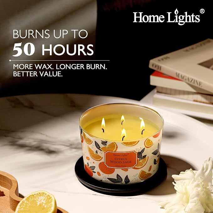 HomeLights Citrus Wood Sage Scented Candles | 18oz Soy Candles Eclectic Mixed Styles 4-Wick Large Candle Jars | Ideal Candle Gifts for Events, Home Decor Stress, Relief & Relaxation