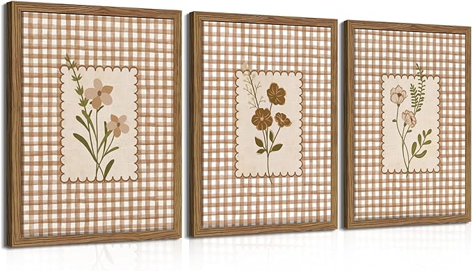 Framed Vintage Floral Wall Art Set of 3, Neutral Wildflower Botanical Canvas Wall Decor Paintings, Cottagecore Gingham Flower Posters Prints Pictures for Living Room Bedroom Bathroom 16x24 Inch