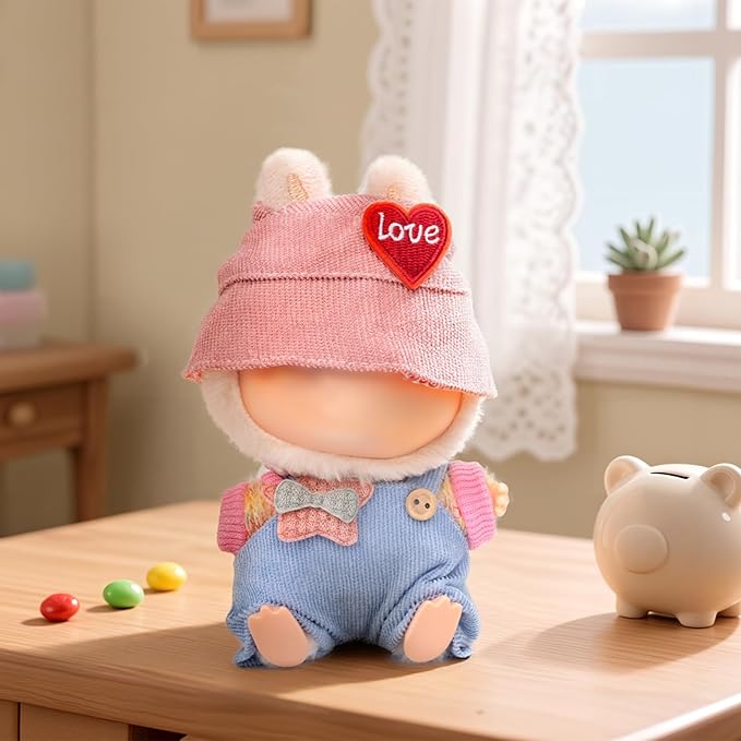 Handmade 17cm Doll Clothes - Kawaii Chic Style Set, Cute Doll Outfit with Accessories, Star Light Blue Romper + Heart Shaped Pink Hat + Colorful T-Shirt