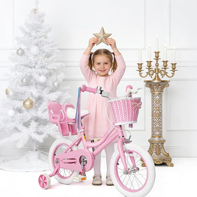 KORIMEFA Girls Bike for Ages 2-8 Years Toddler Kids with Doll Seat, 12 14 16 Inch Bicycle with Training Wheels, Little Small Princess Bicycle with Basket& Streamers, Girls Pedal Bike