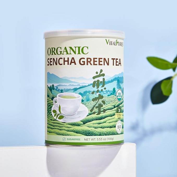 Organic Sencha Green Tea Loose Leaf – 3.53oz/100g, USDA Organic, Whole Leaf Green Tea, VitalForest Premium Steam-Fixed Green Tea, Mild Umami Taste