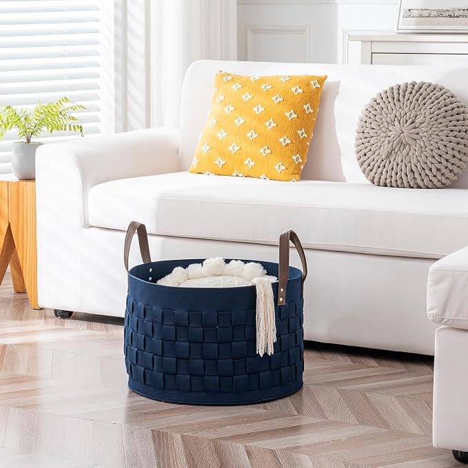 Laundry Basket 20" x20 " x11.8 ",Extra Large Round Blanket Basket with Leather Handle, Felt Storage Basket for Living Room, Nursery, Dog Toys-Navy Blue