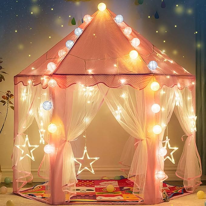 wilwolfer Princess Tent for Girls with Large Star Lights, Kids Play Tent Large Space Playhouse for Children Indoor Games, Gift Toy for Kids Girls & Boys