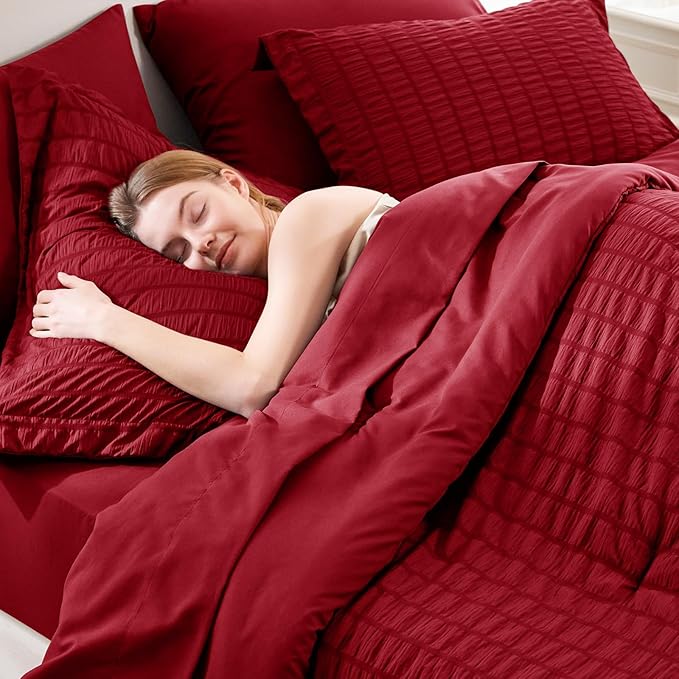 CozyLux King Size Comforter Set Dark Red Seersucker 7 Pieces Bed in a Bag King Comforter Set with Sheets, Luxury Soft Bedding Sets with Down Alternative Comforter, Sheets, Pillowcases & Shams