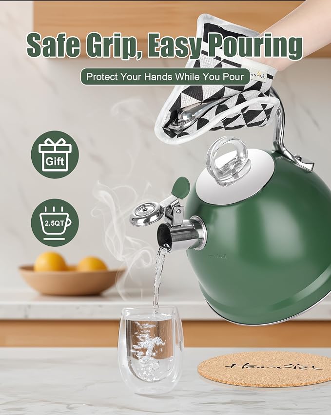 Harriet Tea Kettle Stovetop, 2.5 Quart Whistling Stainless Steel Tea Pot, 3-Layer Base, Unique Ergonomic Handle, Includes Pot Holder & Mat, Electric/Induction/Gas Stovetops Applicable, Green