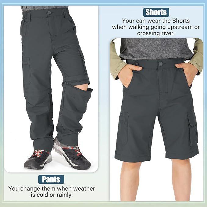 linlon Kids' Cargo Pants, Boy's Casual Outdoor Quick Dry Waterproof Hiking Climbing Convertible Trousers #9016
