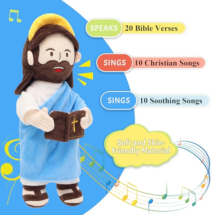 Jesus Plush Talking Doll with Halo,Speak 20 Bible Verses & 20 Songs,13.4" Interactive Hymn Stuffed Plushie Perfect Religious Gift for Kids Sunday School & Easter Celebrations