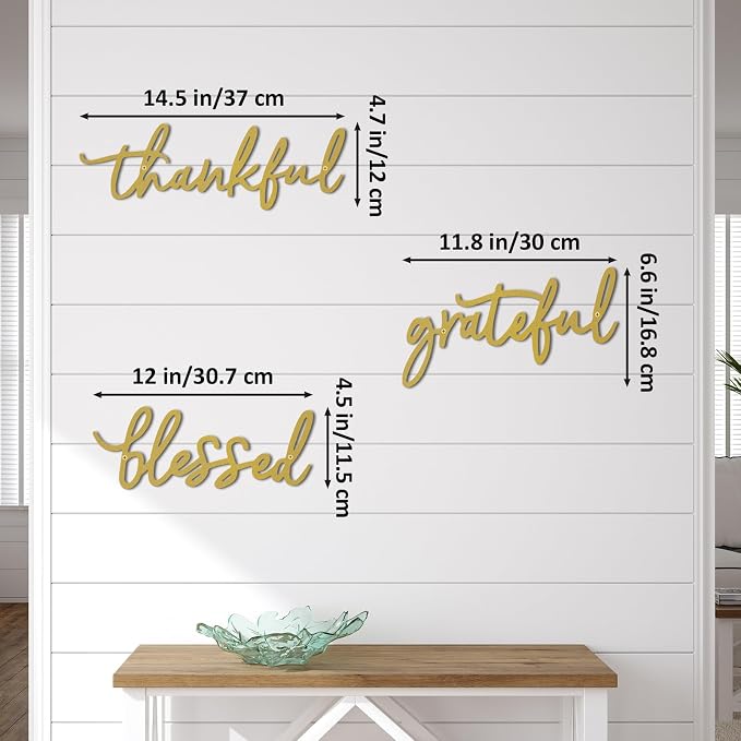 Thankful Grateful Blessed Letter Sign Metal Wall Decor, 3 Piece Gold Letters Wall Art for Bathroom Bedroom Metal Words Wall Decor for Home Decor (Gold)