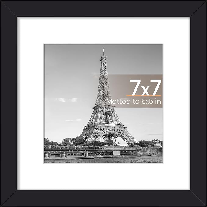 upsimples 7x7 Picture Frame, Display Pictures 5x5 with Mat or 7x7 Without, Wall Hanging Photo Frame, Black, 1 Pack